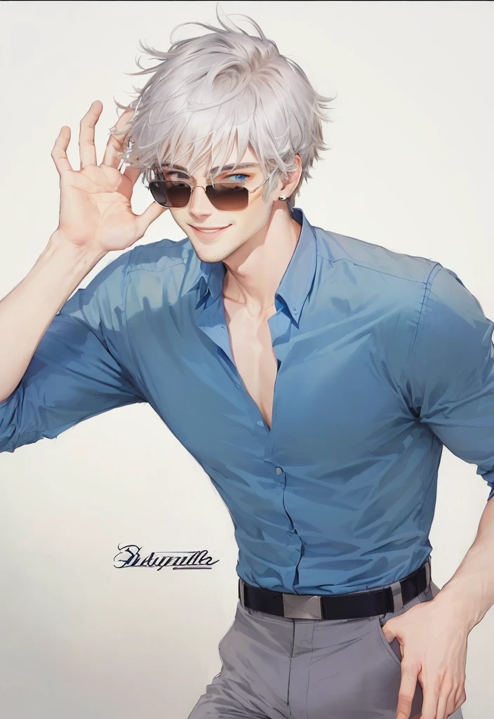 guy with sunglasses and blue shirt, tall white guy with sky blue eyes, handsome smile, gray hair