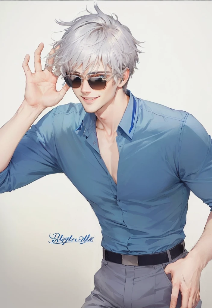 guy with sunglasses and blue shirt, tall white guy with sky blue eyes, handsome smile, gray hair