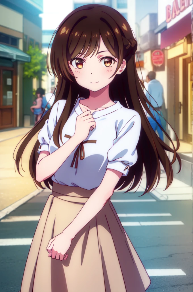 mizuharachizuru, chizuru ichinose, long hair, bangs, brown hair, (brown eyes:1.5), one side up, smile, BREAK skirt, shirt, short sleeves, puffy sleeves, puffy short sleeves, white skirt, pink shirt, BREAK outdoors, city, cityscape, crowd, people, BREAK looking at viewer, (cowboy shot:1.5), BREAK (masterpiece:1.2), best quality, high resolution, unity 8k wallpaper, (illustration:0.8), (beautiful detailed eyes:1.6), extremely detailed face, perfect lighting, extremely detailed CG, (perfect hands, perfect anatomy),