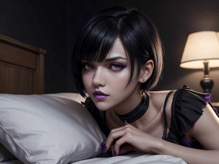 Eliza from Tekken, short black hair with bangs passing past her shoulders, short hair at the back of her head, soft gothic makeup on her eyes, purple lipstick, light casual blouse with a low neckline, short black skirt made of light fabric, sitting on the edge of the bed while placing her hand on the face of a young man who is sleeping in bed