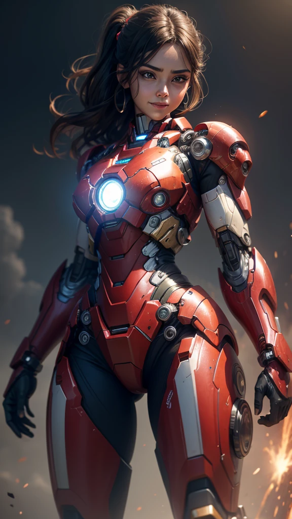 Textured skin, Super Detail, high details, High quality, Best Quality, hight resolution, 1080p, hard disk, Beautiful,(Iron Girl),Beautiful Smile,beautiful cyborg woman,Mecha Cyborg Girl,Battle Mode,Girl with a Mecha Body,She wears an Iron Man mech,powerful cyborg woman,