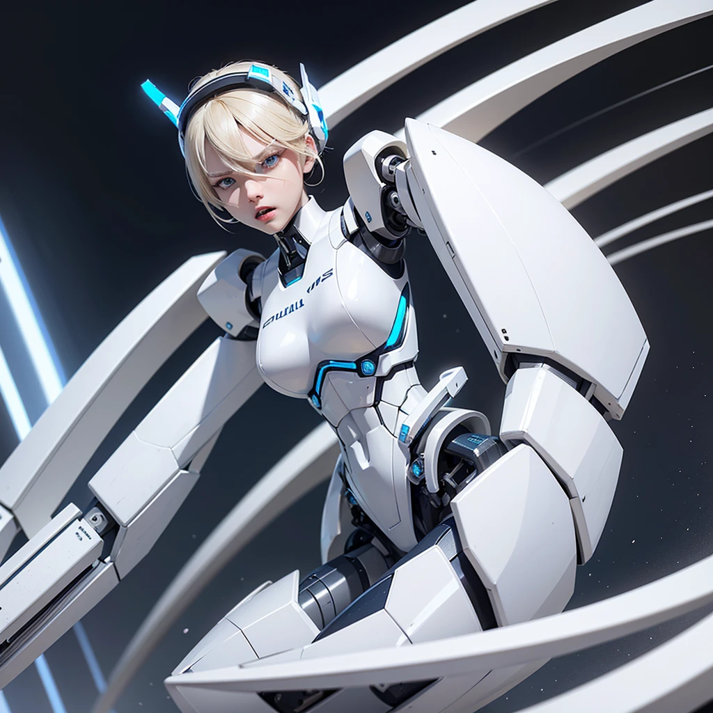 a girl with a full white cyborg body, featuring sleek and high-tech components. She has beautiful blonde ponytail and bangs, blue eyes, and an angry expression. with her polished mechanical limbs and torso emphasizing her intense emotions. ((white robot mecha headgear)), ((white cyborg body)), headband