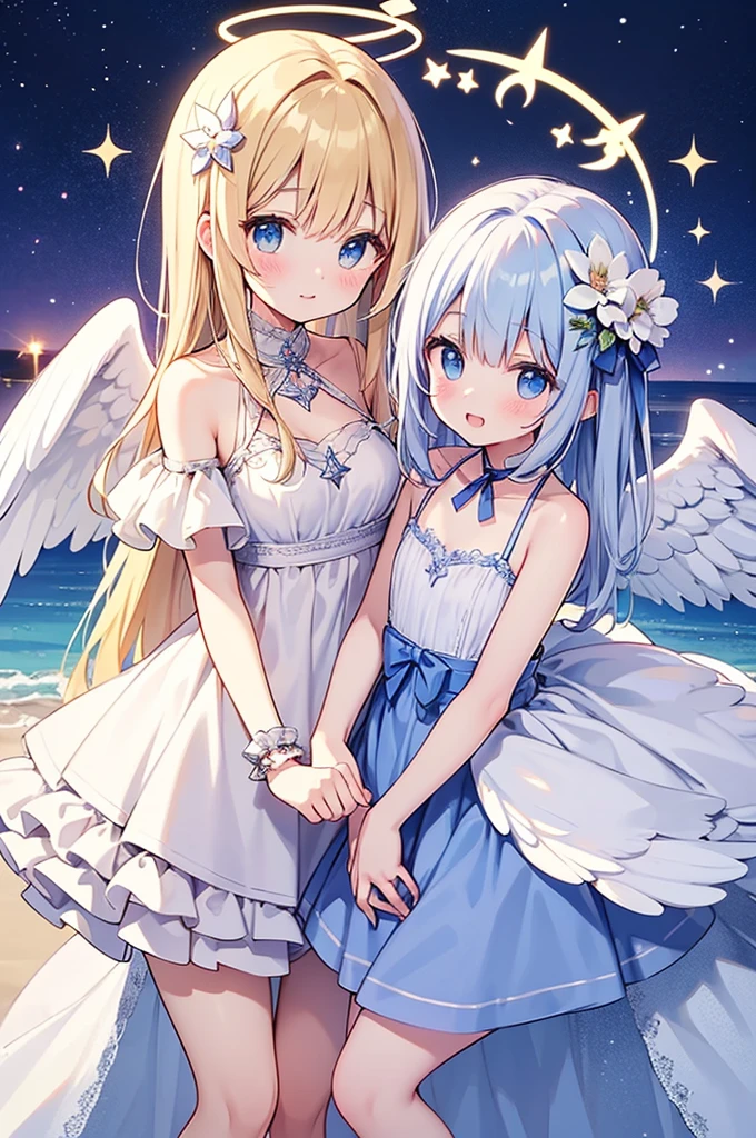 ((2girls)), two girls, two nude angels wearing an ethereal translucent dress, pale skin, ((blue mint wavy hair)), white feathers, angel wings, sparkling detailed eyes, golden ratio face, perfect composition, highly detailed, ethereal, (starry night sky background), midjourney style