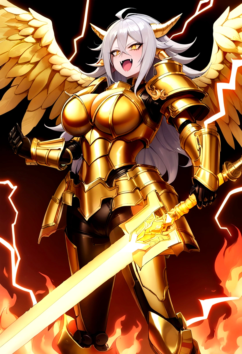 ((Lightning Power)), ((Electricity)), ((Fire Background)), ((Lightning Storm)), ((Power Erupting)), ((((android 21 Evil)))), (((white Coat))), (((Busty))), (((((Big breast:1,3)))), luxury bustier corset, (((silver hair))), (((Very slim waist))), propotional body, ((Gorgeous)), (((Fire Blazing Horns))), ((((gold wings))), masterpiece, hyperdetail, ambient effect, digital effect, (((Fangs))), (((FIRE SWORD)), (((Lightning Sword))), (((Fire Gold Armor))), (((Lightning Gold Wings)))