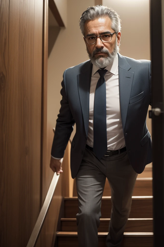 Adult Latino man, 50 years old, climbing a staircase, celebrating a victory, with distinct facial features, gray hair, lumberjack beard, clear and penetrating skin. Stylish office suit, full body, intricate details, sharp focus, happy, photorealistic, Highly detailed and epic, masterpiece quality, best representation of realism, 8k Ultra High Definition, detailed skin texture, soft lighting, film grain , DSLR photography.