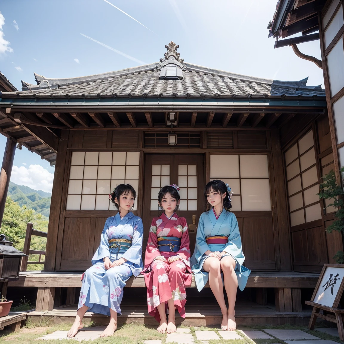 ((最high quality, 8k, masterpiece: 1.3, Ultra HD, high quality, 最high quality, High resolution, realism)) 、Beautiful Japan woman at 22 years old、Straight hair、smile、Slender body、Wear accessories on your wrist、Sitting on the balcony of a Japanese house in the countryside of Japan、Sleeping on your back、summer、Wind chimes are hanging from the eaves.、barefoot、fan、In front of the balcony is a courtyard.、wear a Yukata