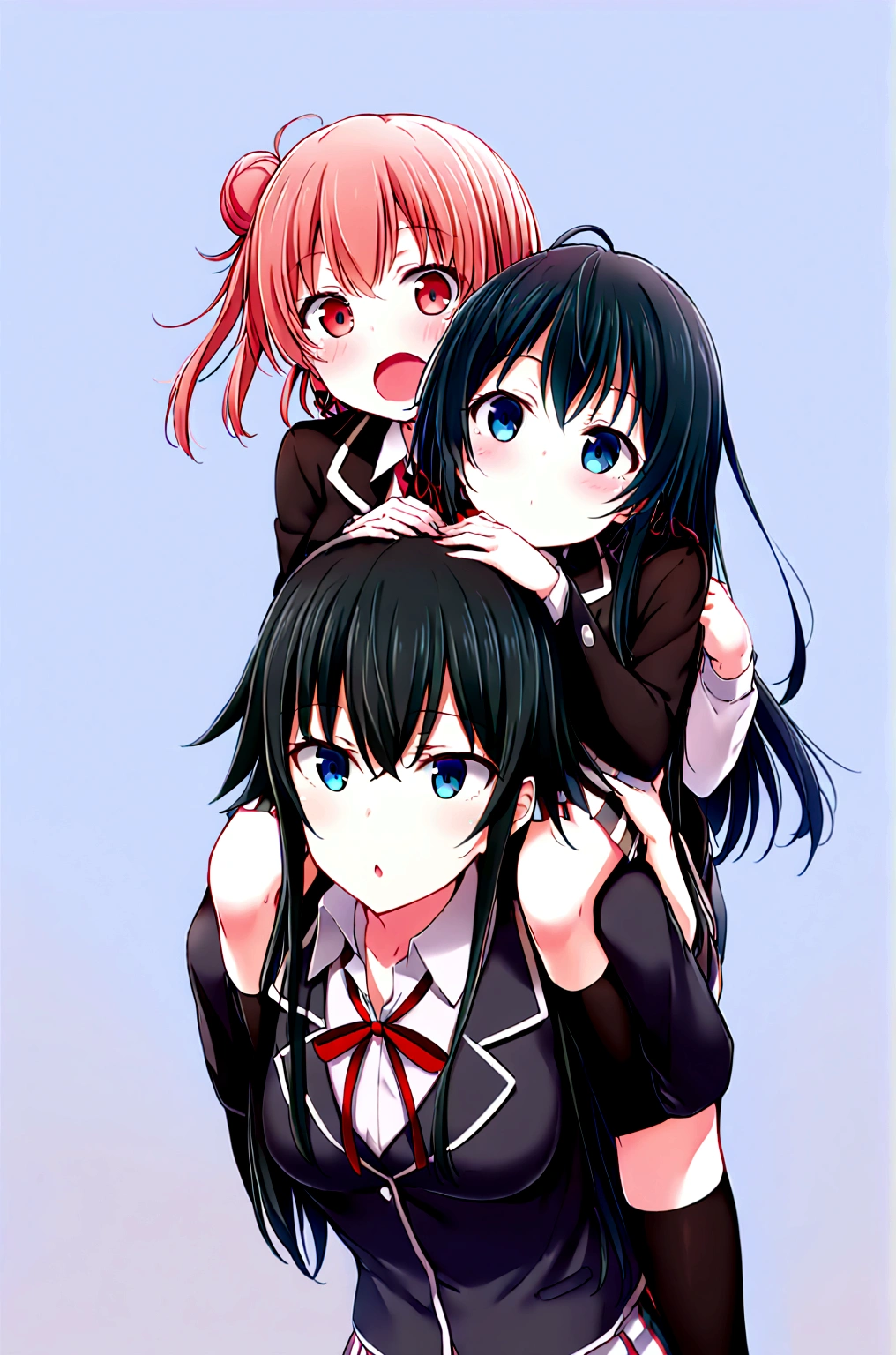2 grils Yuigahama Yui giving yukino yukinoshita piggyback ride, Yukinoshita Yukino in the bottom blue eyes black long hair piggyback ride, size difference, yukino Yukinoshita,