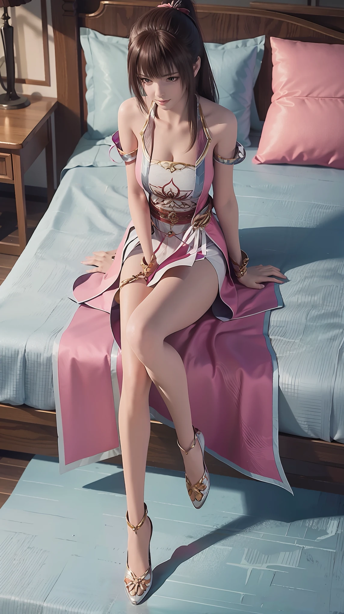 1girl, beautiful detailed girl, 16 year old girl, highly detailed, 4k, 8k, cinematic, full body, lying down, very long legs, extremely large breasts, full body capture, (((lying on a bed))), lying on a bed, pink large bed, bare shoulders, large breasts, shoulder-length skirt, lying on a bed