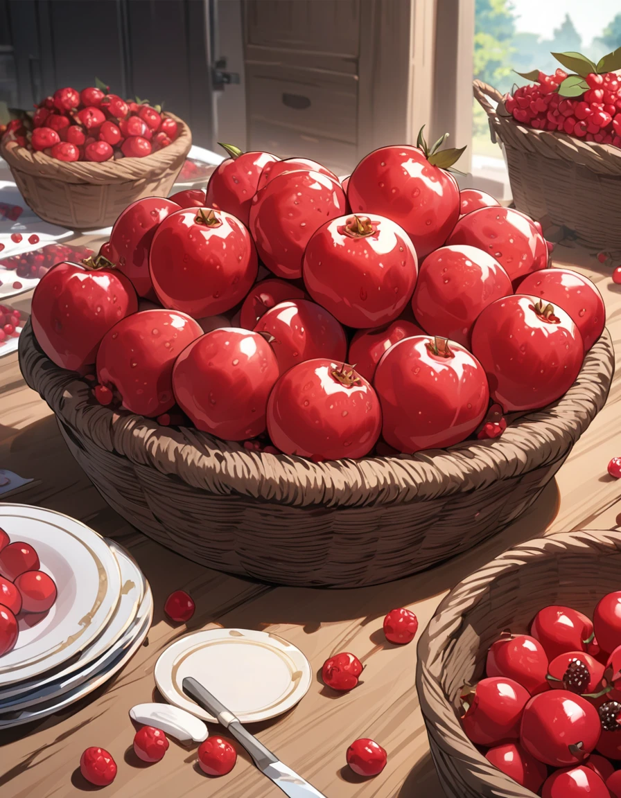masterpiece, best quality, extremely detailed, anime, Many red fruits, several kinds of red fruits, on a table, red fruits in a basket,