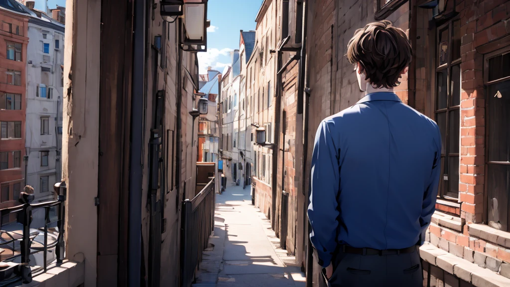 1 Boy , medium light brown hair, light blue eyes, wearing black suit, city, absurdres, high res, ultrasharp, 8K, masterpiece, looking from behind