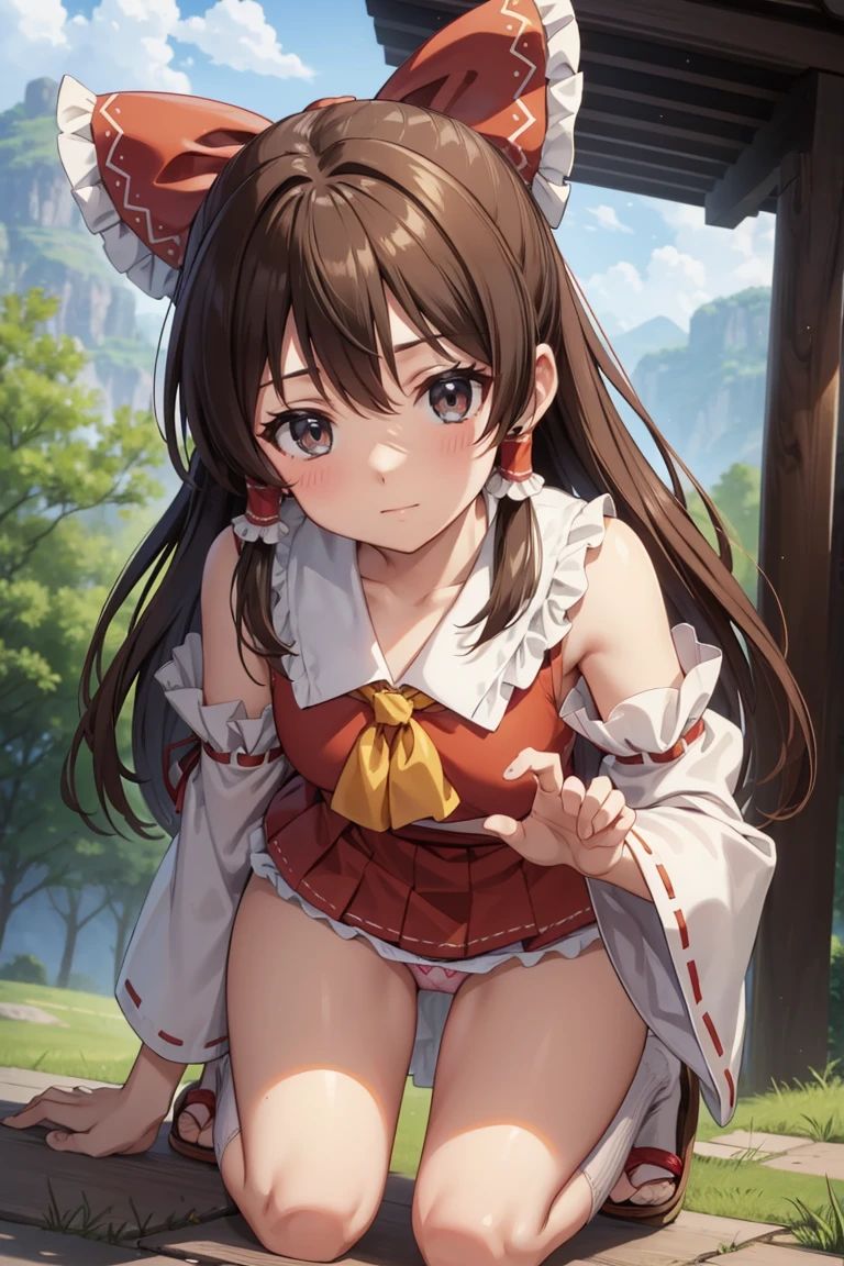 reimu hakurei, (Brown eyes:1.5), Brown Hair, bow, hair bow, Hair Tube, Long Hair, red bow, Side Lock,
Blake Ascot, Bare shoulders,Removable sleeves, embellished costume, Frills, kimono, Non-traditional Shrine Maiden, Red Skirt, Sandals, sarashi, mini skirt, socks, White sleeves, white socks, Wide sleeves,(((Backwards)))、On all fours、Low - Angle、Low position、Looking down at the camera、look up、((Panty shot、Cute Panties))、
BREAK Watch Viewers,blush、Surprise face、
Outdoor rest, shrine,Cowboy Shot,Smile Break (masterpiece:1.2), Highest quality, High resolution, unity 8k wallpaper, (figure:0.8), (Beautiful attention to detail), Highly detailed face, Perfect lighting, Highly detailed CG, (Perfect hands, Perfect Anatomy),Dynamic pose,