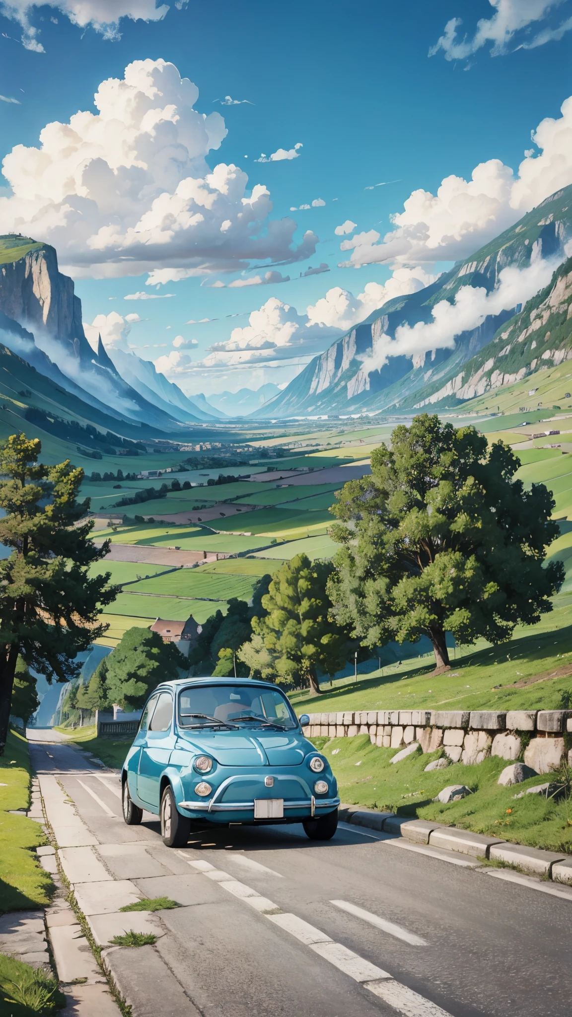 (masterpiece:1.2, Highest quality),(Very detailed),(((Anime Style))),8k,wallpaper,Ultra-fine painting,Fiat 500,Run,Mountainous area,blue sky,(((Ghibli style))),From the back