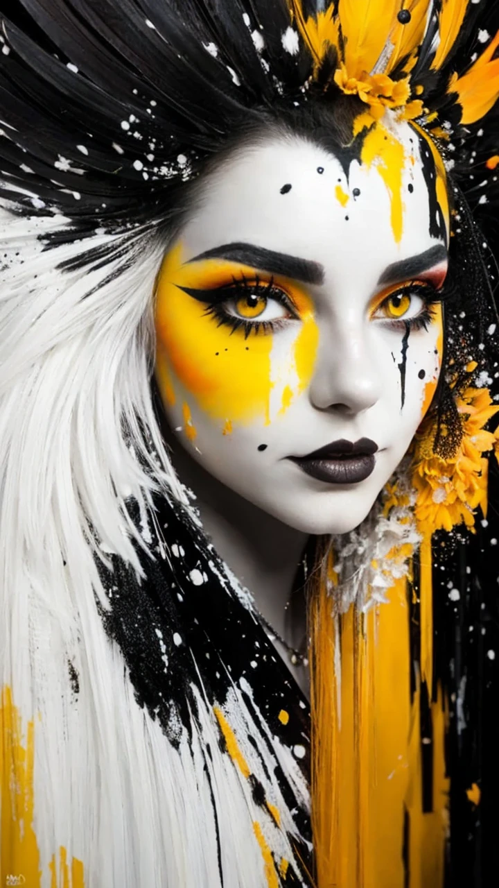Red and black make up, clown style, flowers, feathers