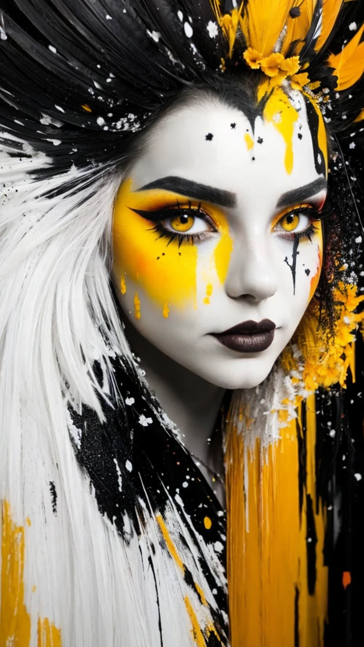 Red and black make up, clown style, flowers, feathers