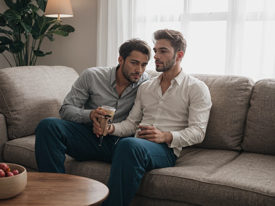 shot by Sony a7 IV Mirrorless Camera, natural light, analog film photo, Kodachrome , handsome men ,Long sleeve shirt and loose pants .sofa