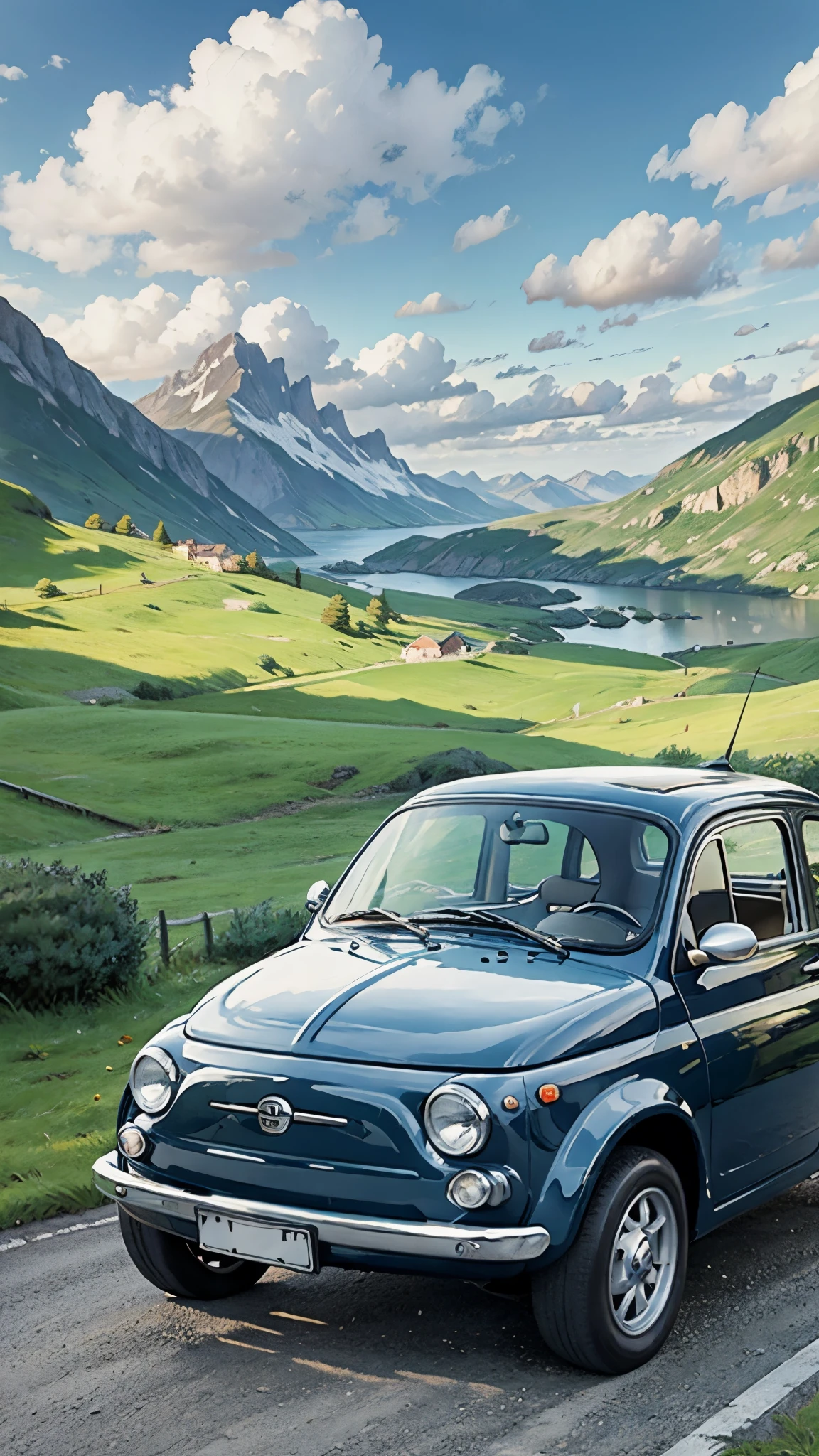 (masterpiece:1.2, Highest quality),(Very detailed),(((Anime Style))),8k,wallpaper,Ultra-fine painting,Fiat 500,Run,Mountainous area,blue sky,(((Ghibli style))),From the back