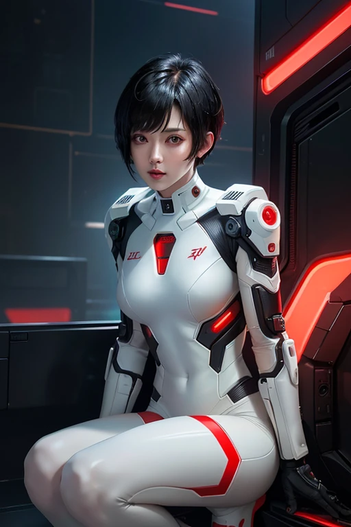 Digital Cyberpunk Art、８k、Very detailed、Black short-cut hair、Medium chest、Wearing a white and red battle suit、Inside a weightless spaceship、Hold your knees、Floating、Japanese women