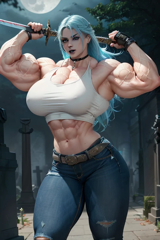 (((((Massive, beautiful, pale white skinned, buff, muscular female vampire slayer with cyan hair, black lipstick, ginormous bulky muscles, brandishing a sword and wearing a tight tank top and tight denim pants))))), (close view), (massive muscles), massive biceps, hyper muscle shoulders, vascular shoulders, hyper muscle triceps, (long beachy hair), purple eyes, (gauntlets), denim pants, chain belt, choker, thigh high heels, holding a sword, (in a moonlit cemetery), fingerless gloves, closed smile, night, hyper vascular arm, hyper muscles arms, hyper muscle legs, massive arms.