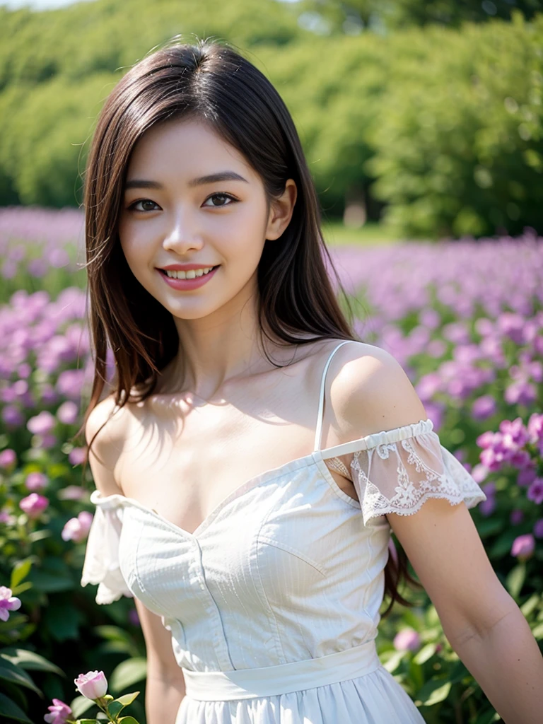 Best quality, masterpiece, ultra high res, (photorealistic:1.4), raw photo, 1girl, white dress, off shoulder, blossom violet flower field, glowing skin, light smile