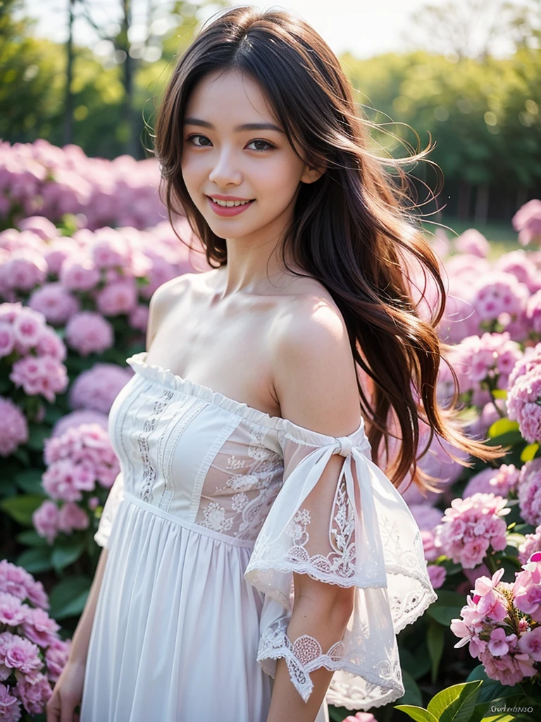 Best quality, masterpiece, ultra high res, (photorealistic:1.4), raw photo, 1girl, white dress, off shoulder, blossom violet flower field, glowing skin, light smile