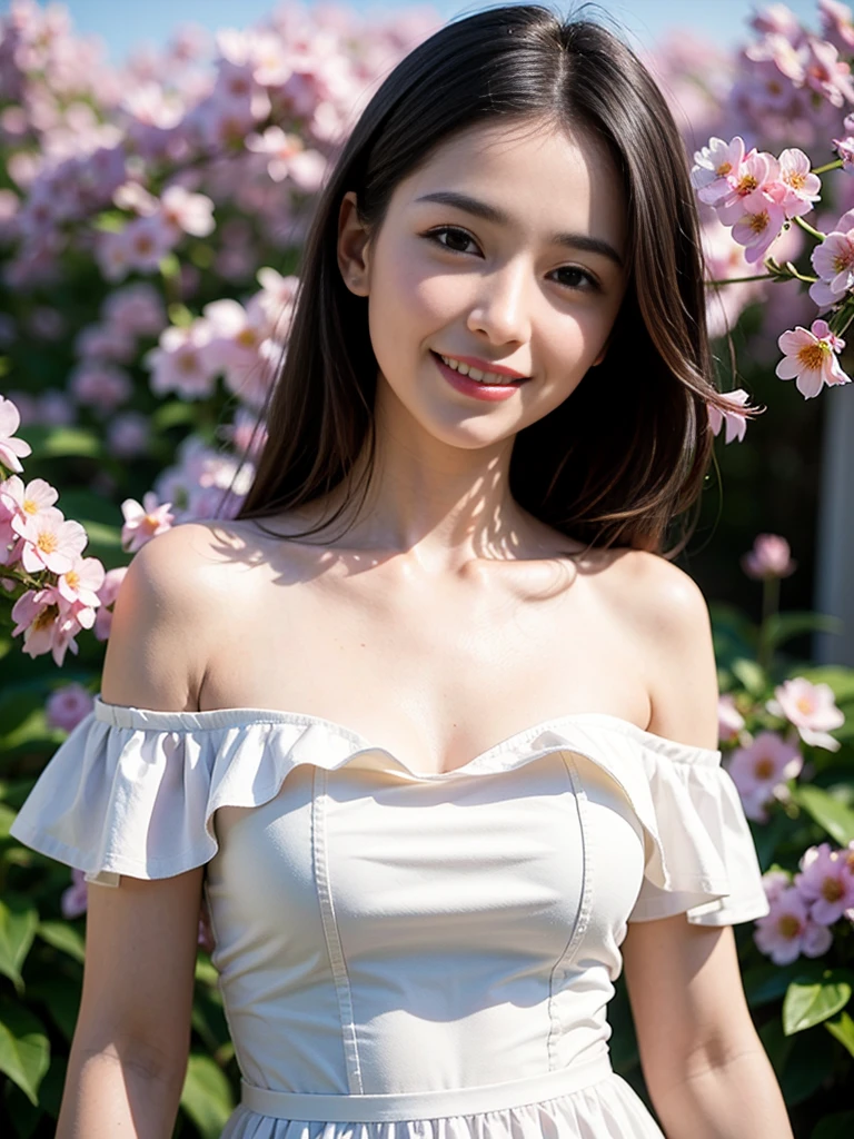 Best quality, masterpiece, ultra high res, (photorealistic:1.4), raw photo, 1girl, white dress, off shoulder, blossom violet flower field, glowing skin, light smile