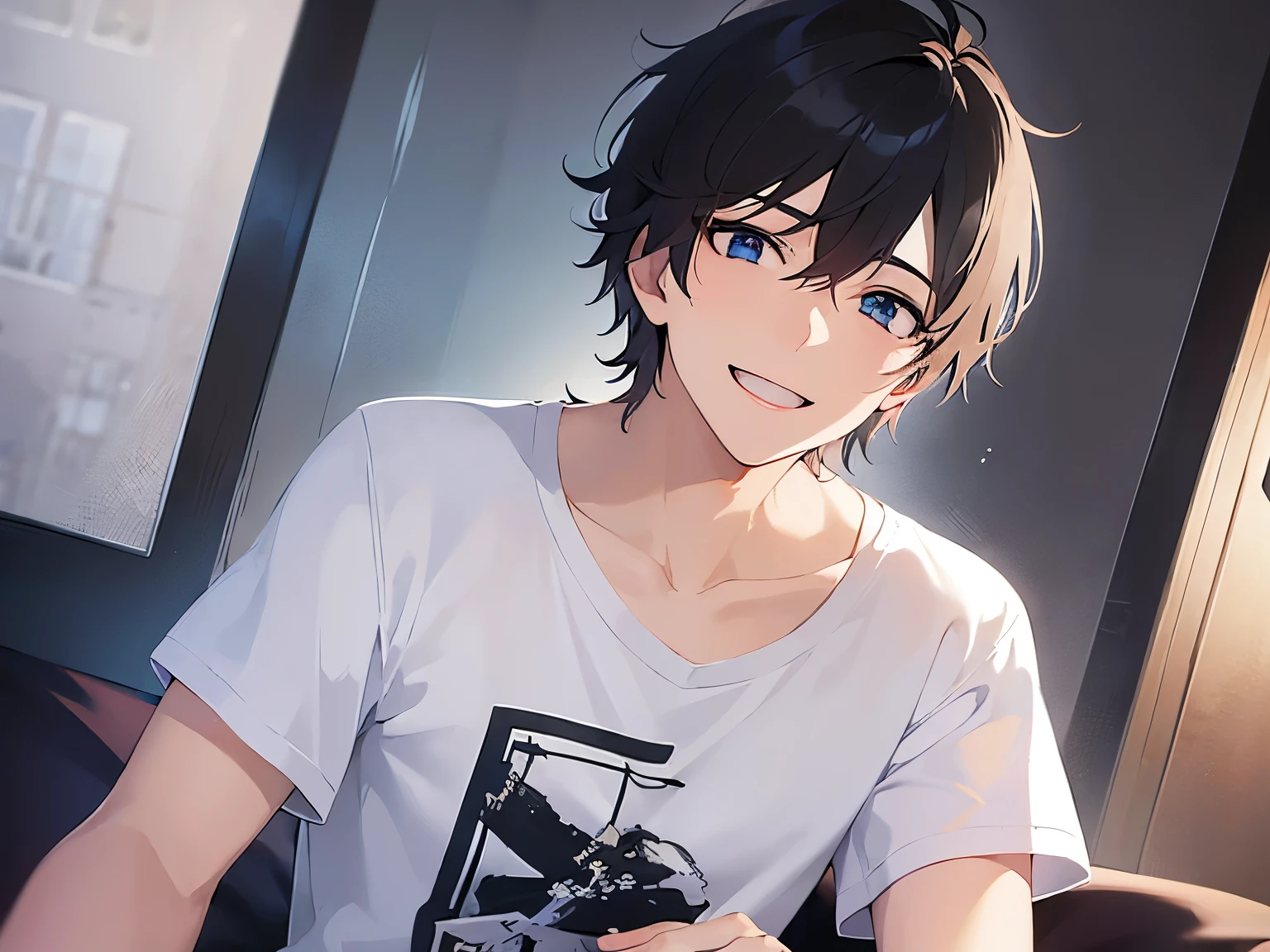 (25-year-old male:1.5) and (black short hair) and (blue eyes), looking at viewer, side angle, upper body、masterpiece、Highest quality、BREAK (white T shirt)、(smile:1.5), The background is the living room at night、alone、Delighted