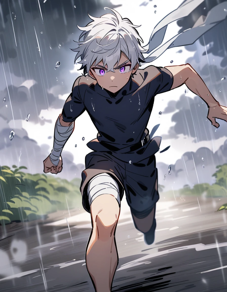 small Greek boy with white hair, violet eyes, with one arm covered in bandages, running in training on a dark, gray beach while it is raining heavily