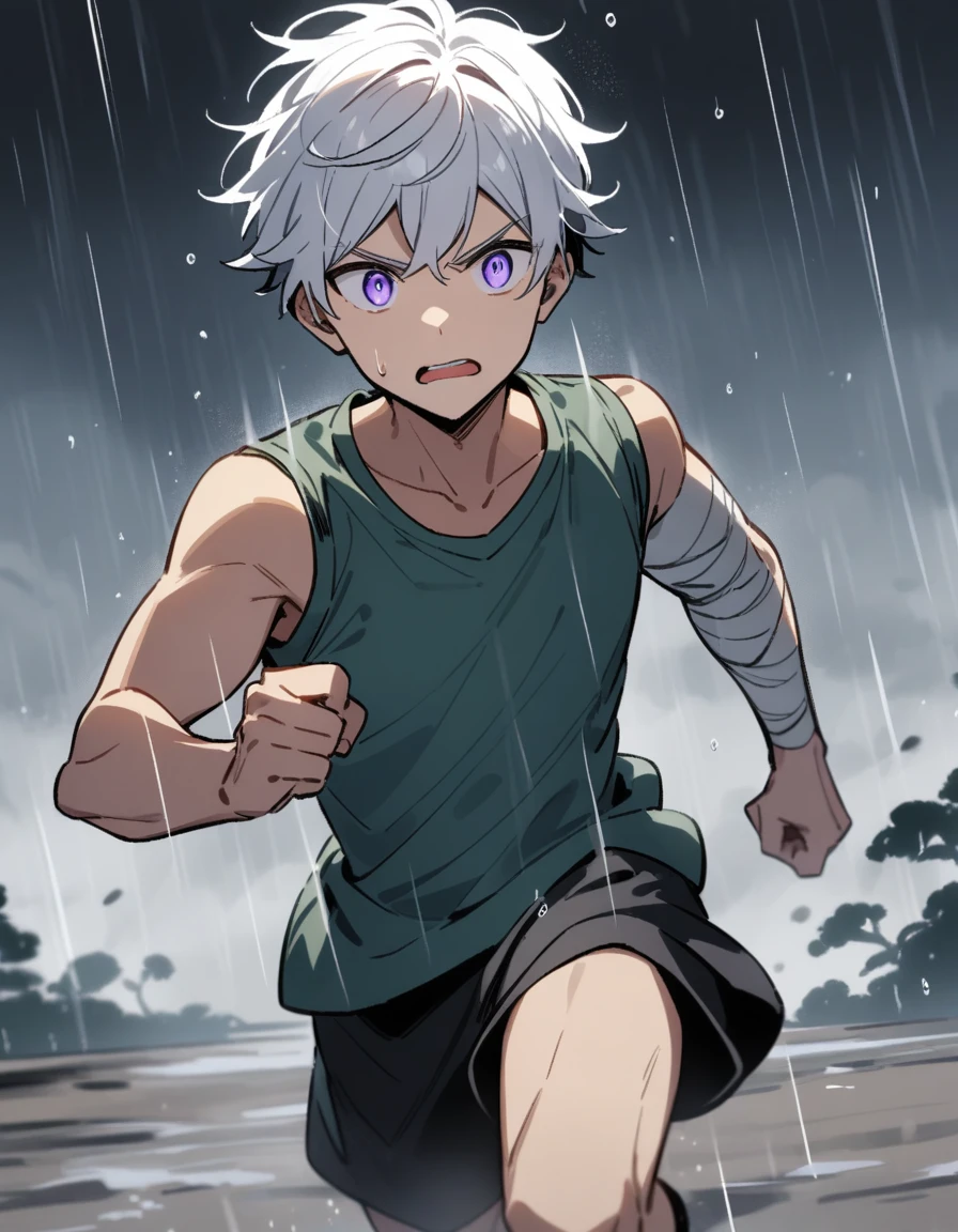 small Greek boy with white hair, violet eyes, with one arm covered in bandages, running in training on a dark, gray beach while it is raining heavily