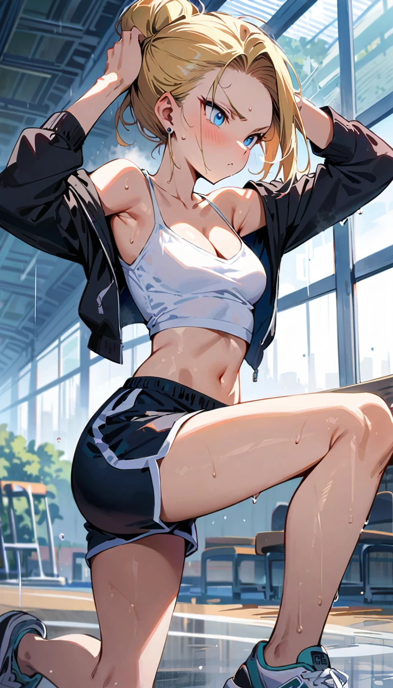 (masterpiece, best quality:1.2), full body, solo, Android 18 from Dragon Ball, ((white slip-on crop top)), ((black dolphin shorts)), (black hooded crop jacket), thighs, midriff, small breasts, sweat, blonde hair, (single hair bun), ((blue eyes)), earrings on earlobes, slender feminine figure, narrow waistline, skinny body, long legs, University, running, rain, wet, sweating, cleavage, off shoulder, magnificent view, blur background, 4K, arms up, light blush, breath, gray new balance sneakers, outdoors, hands on own head, Gymnasium, pout