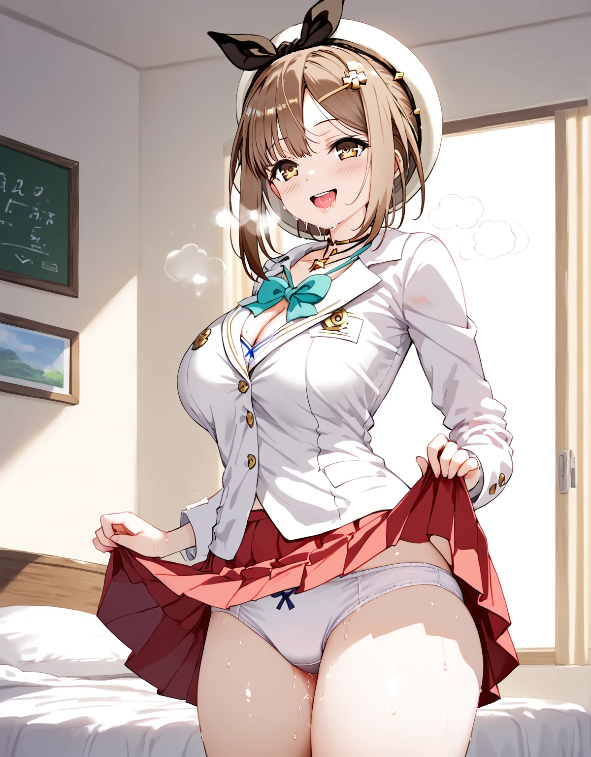 ((solo girl)),((Perfect body,))((Super beautiful,))((High quality,)),in bedroom,((Perfect body,))((Super beautiful,))((High quality,))breast,collar,nswf,cowboy shot, ((Reisalin Stout,Atelier Ryza,hat,hairbow,blond hair,brown skin,white blazer school uniforms,very short red Pleated skirts,))Pleated skirts that are too short and expose underwear,(white sexual underwear,)(Heavy breathing,saliva, sweat, Sweaty and wet all over,)(Lift up the hem of her skirt to show off her crotch),Smile,