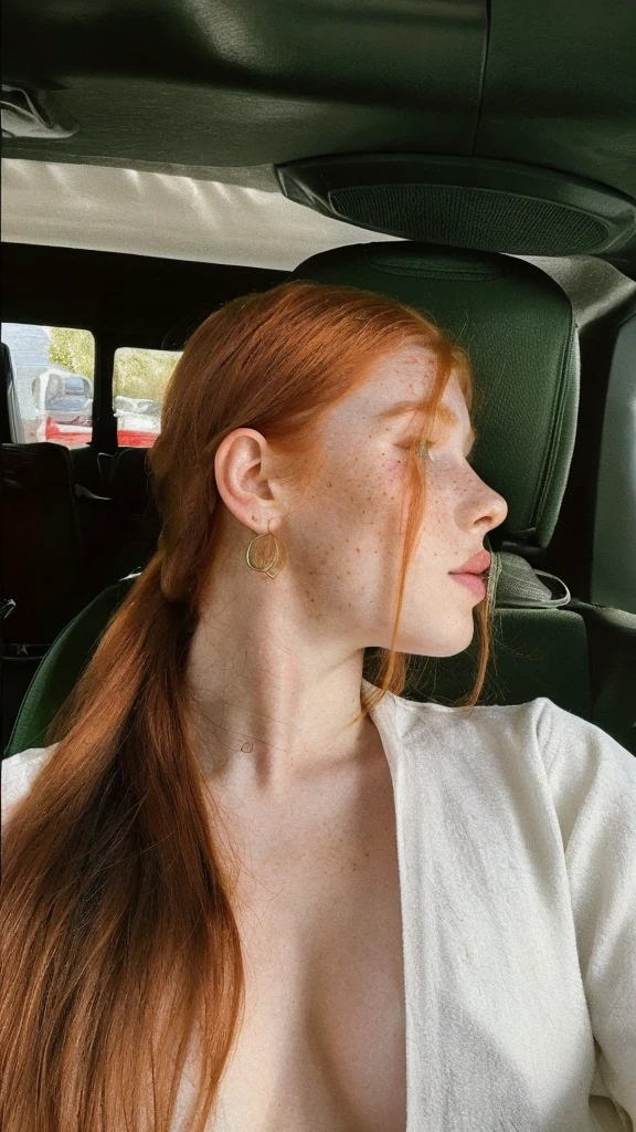 raw photo, (18yo redhead girl:1.2), graphic eyeliner, rouge, realistic skin texture, Freckles, green eyes, Smiling, instagram style, Pale white skin, redhead pattern,