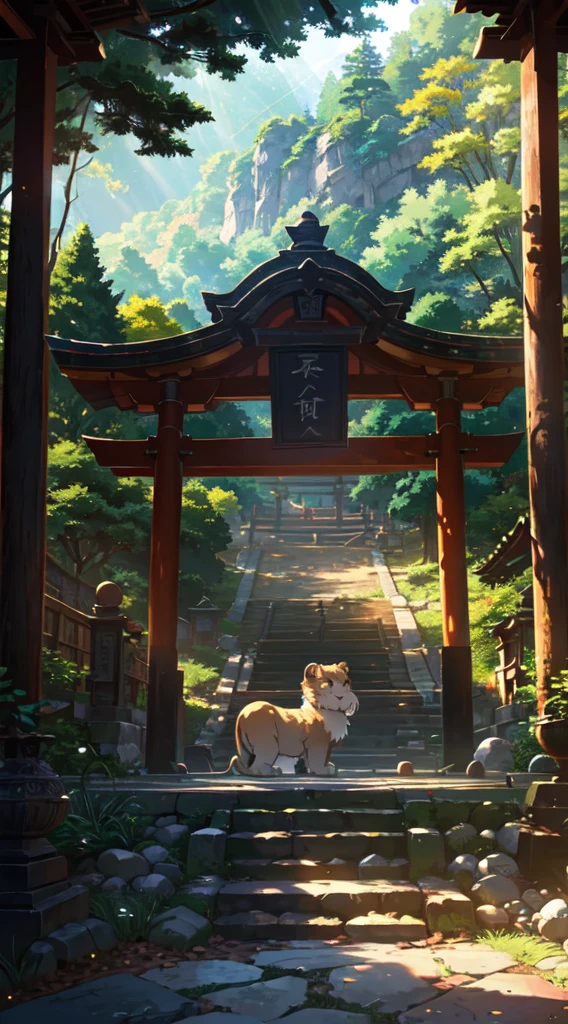 Old torii gate, in the mountains, lion guardian lion, boy taking a rest, sunlight filtering through the trees