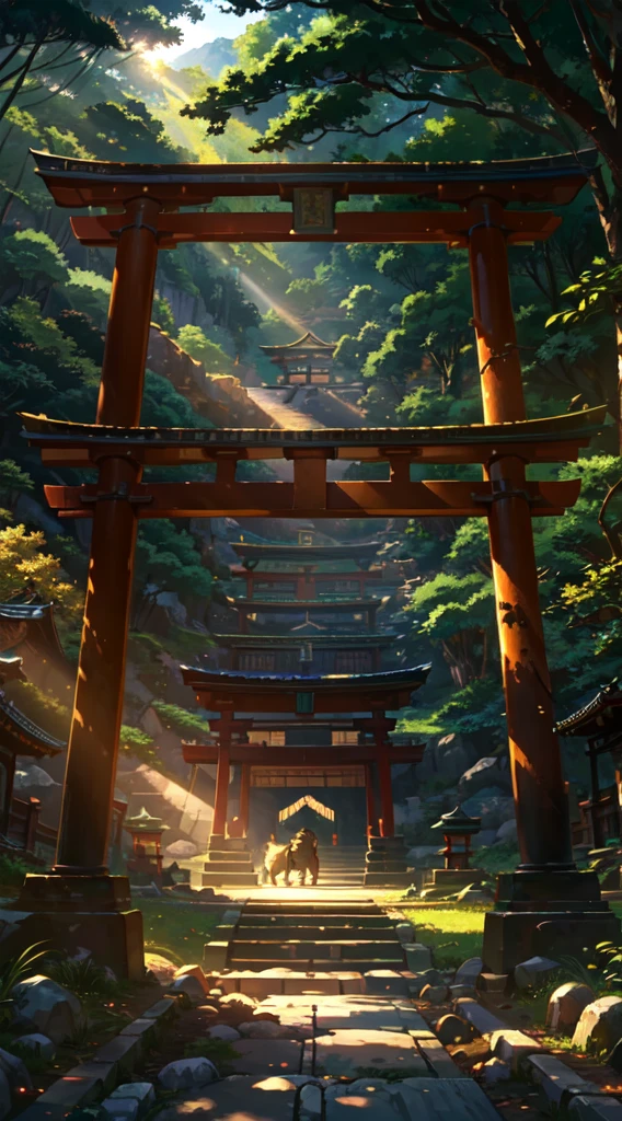 Old torii gate, in the mountains, lion guardian lion, little boy taking a rest, sunlight filtering through the trees