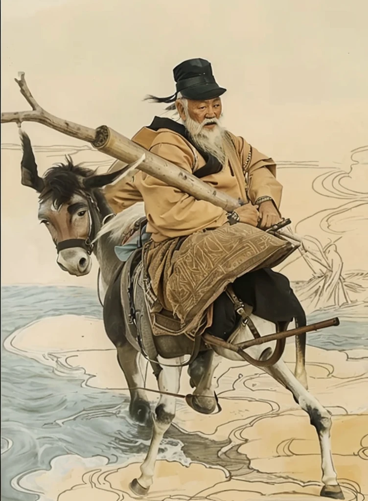 a chinese old man touching his white beard and riding a donkey, holding a bamboo with a Y stick inside the bamboo, donkey walk on cloud, ocean background,