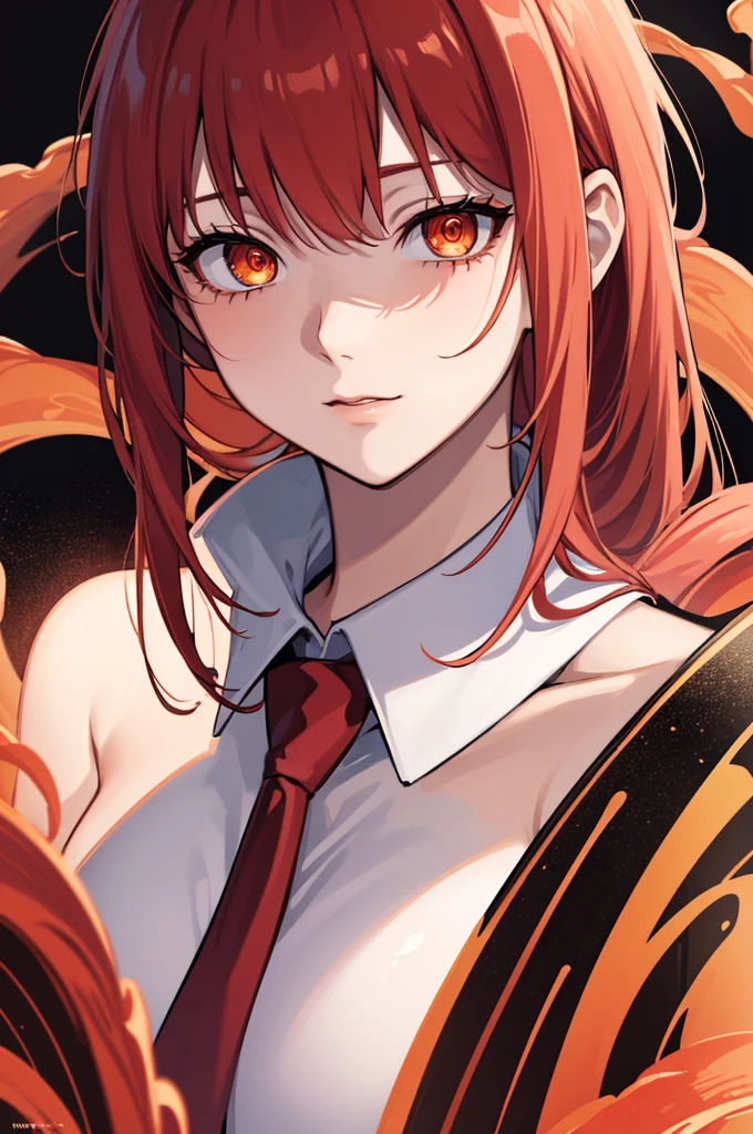 hand \(chainaw man\), Highest quality, Super detailed, One person, alone, Are standing, Redhead, Long braided hair, Golden Eyes, bangs, Medium chest, Erect nipples,White shirt, Tic, stare, smile, (evil:1.2), Displaying the viewer, (interview:1.3), (Dark Background, chain:1.3)