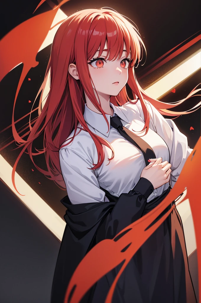 makima \(chainsaw man\), best quality, ultra detailed, 1girl, solo, standing, red hair, long braided hair, golden eyes, bangs, medium breasts, white shirt, necktie, stare, smile, (evil:1.2), looking at viewer, (interview:1.3), (dark background, chains:1.3)