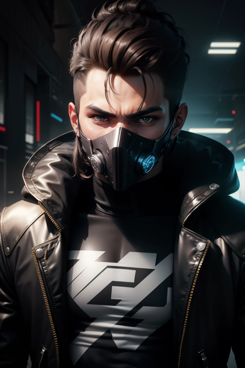 macho, 26 anos, cor predominante: preto e cinza, wear a mask to hide part of the face, cyber punk.