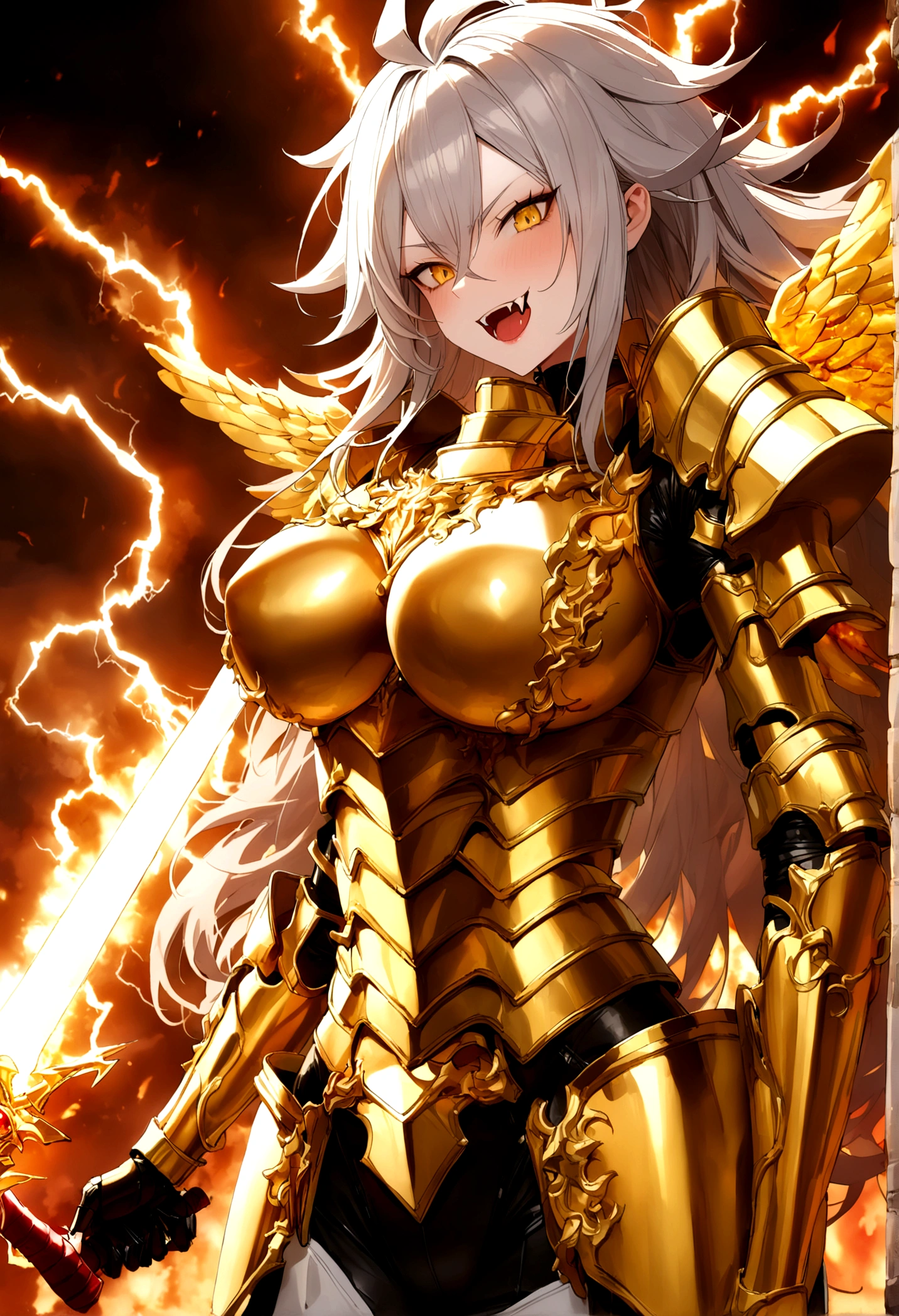 ((Lightning Power)), ((Electricity)), ((Fire Background)), ((Lightning Storm)), ((Power Erupting)), ((((android 21 Evil)))), (((white Coat))), (((Busty))), (((((Big breast:1,3)))), luxury bustier corset, (((silver hair))), (((Very slim waist))), propotional body, ((Gorgeous)), (((Fire Blazing Horns))), ((((gold wings))), masterpiece, hyperdetail, ambient effect, digital effect, (((Fangs))), (((FIRE SWORD)), (((Lightning Sword))), (((Fire Gold Armor))), (((Lightning Gold Wings)))