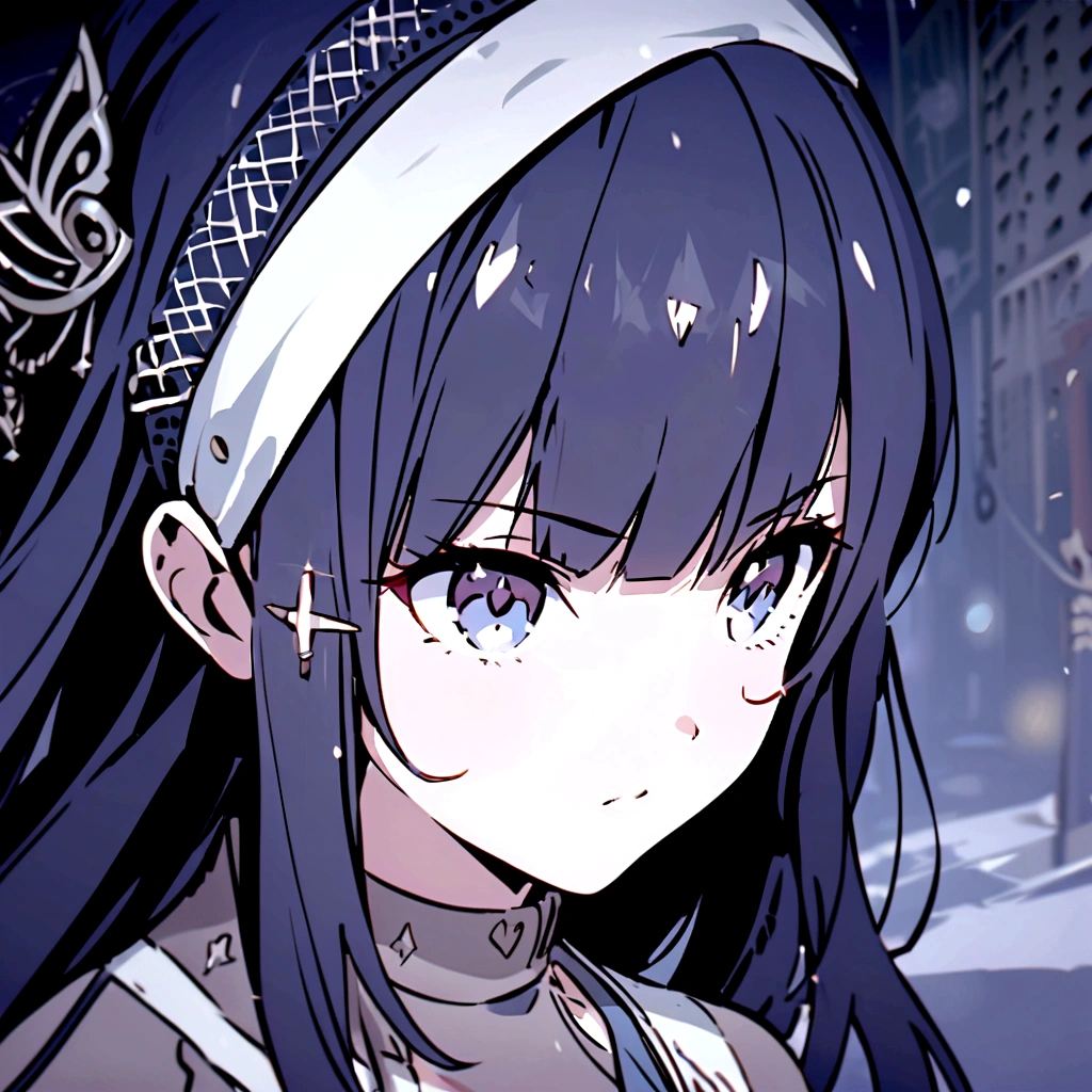 A beautiful girl with long black hair with bangs wearing a brown polo and blue skirt and a white headband over her head