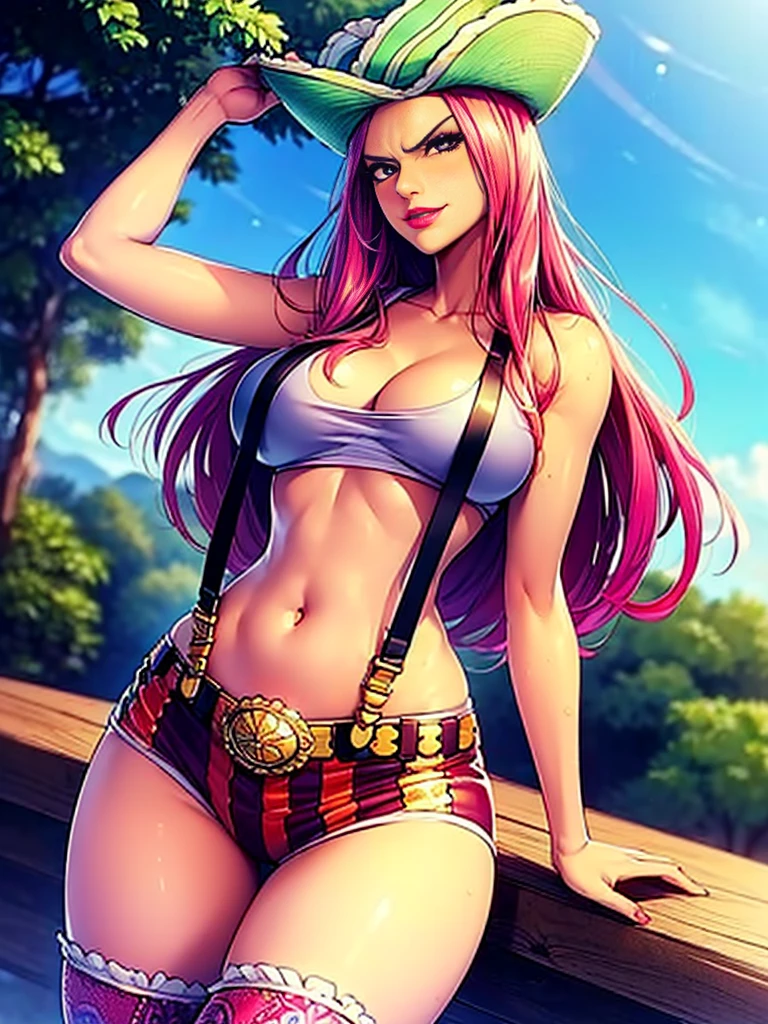 SEXY GIRL IN A PROVOCATIVE POSE, CUTE SEMI-NAKED GIRL, ((top quality, 8k, masterpiece:1.3)), Detailed eye, (looking from the front), looks at the camera, ((Everything is sparkling、light-reflecting:1.2)), (Best ratio: 4 fingers, 1 thumb), (portrait), (((Jewelry Bonney from One Piece))), JewelryBonneyV2, half body shot, 1girl, only, pretty face, long hair, pink hair, a, ((thin girl, big breasts, hyper detailed lips)), red lips, (thigh highs, shorts, suspenders, boots, purple eyes), navel, diaphragm, crop top, belt , suspender shorts, intricate detailed background, barren land, rocks, ocean, natural environment, Contrast, Nervous, blush,