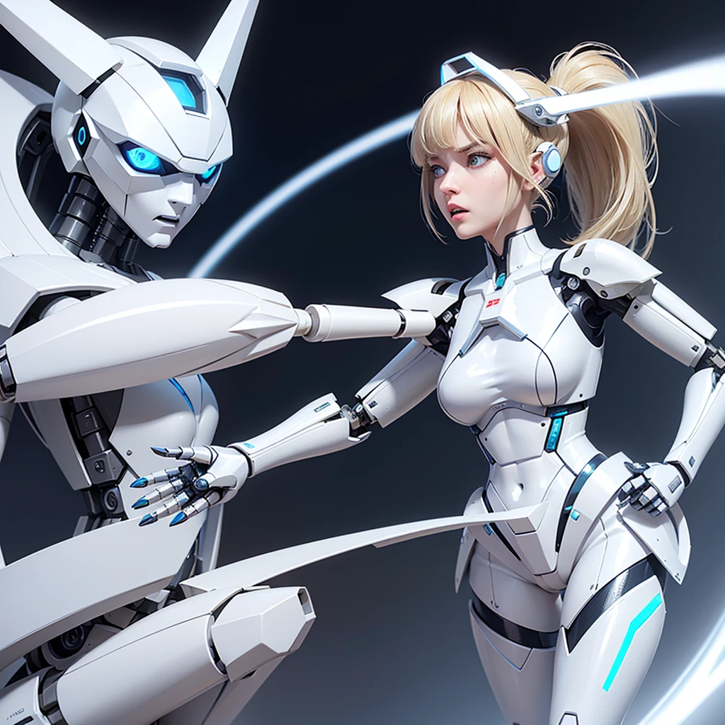 a girl with a full white cyborg body, featuring sleek and high-tech components. She has beautiful blonde ponytail and bangs, blue eyes, and an angry expression. with her polished mechanical limbs and torso emphasizing her intense emotions. ((white robot mecha headgear)), ((white cyborg body)), headband