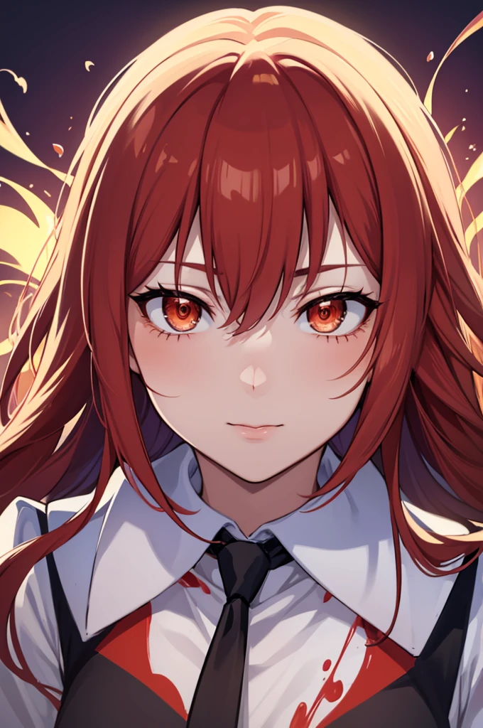 masterpiece, best quality, (extremely detailed CG unity 8k wallpaper, masterpiece, best quality, ultra-detailed, best shadow), (detailed background), (beautiful detailed face, beautiful detailed eyes), High contrast, (best illumination, an extremely delicate and beautiful),1girl,((colourful paint splashes on transparent background, dulux,)), ((caustic)), dynamic angle,beautiful detailed glow,full body, blood splash on face. close up of a woman, anime girl with red hair and a white shirt and tie, a character portrait by Yang J, pixiv, shin hanga, portrait of an anime girl, female anime character, portrait anime girl, portrait of asuka langley soryu, beautiful anime portrait, detailed portrait of anime girl, anime character, realistic anime artstyle, anime girl portrait, anime character portrait, bangs