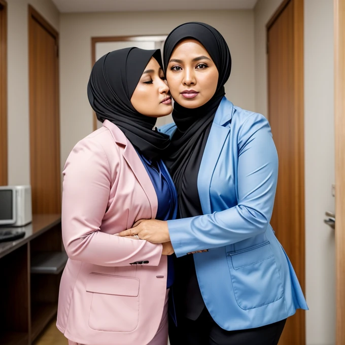 2woman,45 years Old, Hijab Indonesian mature woman, Big  : 12.9, doctor suit,curvy body, full body, sharing lustful kiss, hug and groping bteas, professional shot, at doctor office.