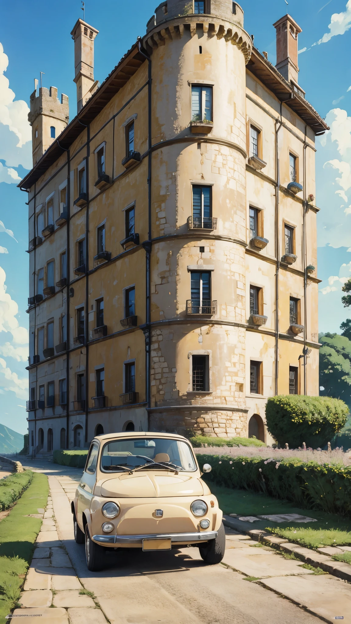 (masterpiece:1.2, Highest quality),(Very detailed),(((Anime Style))),8k,wallpaper,Cream-colored Fiat 500,Run,(Castle of Cagliostro),blue sky,(((Ghibli style)))