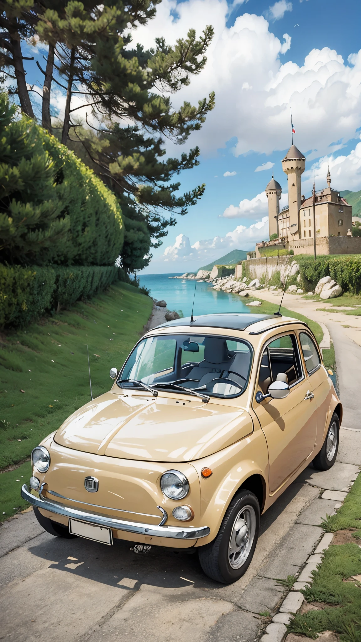 (masterpiece:1.2, Highest quality),(Very detailed),(((Anime Style))),8k,wallpaper,Cream-colored Fiat 500,Run,(Castle of Cagliostro),blue sky,(((Ghibli style)))