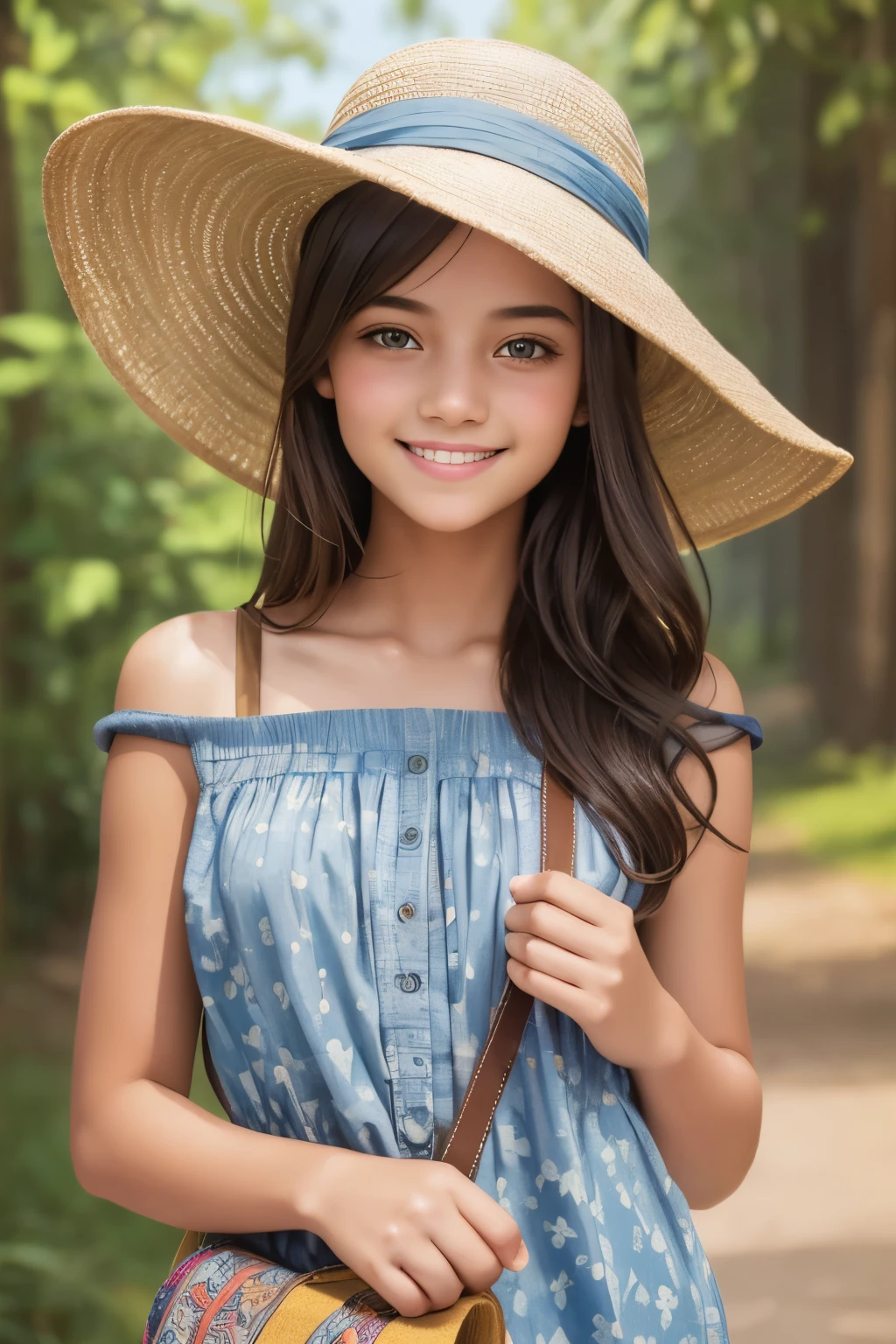 A four-color illustration with light and dark effects,
printed using an old printing method on textured traditional paper,
a beautiful and cute girl from an ancient civilization.
Beautiful and cute girl, smiling face, simple summer clothes, earth color clothes, natural color hat, small bag, bare shoulders, casual hairstyle, Bluish grey eyes, Slightly brown skin