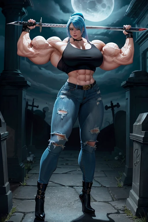 (((((Massive, beautiful, pale white skinned, buff, muscular female vampire slayer with cyan hair, black lipstick, ginormous bulky muscles, brandishing a sword and wearing a tight tank top and tight denim pants))))), (close view), (massive muscles), massive biceps, hyper muscle shoulders, vascular shoulders, hyper muscle triceps, (long beachy hair), purple eyes, (gauntlets), denim pants, chain belt, choker, thigh high heels, holding a sword, (in a moonlit cemetery), fingerless gloves, closed smile, night, hyper vascular arm, hyper muscles arms, hyper muscle legs, massive arms.