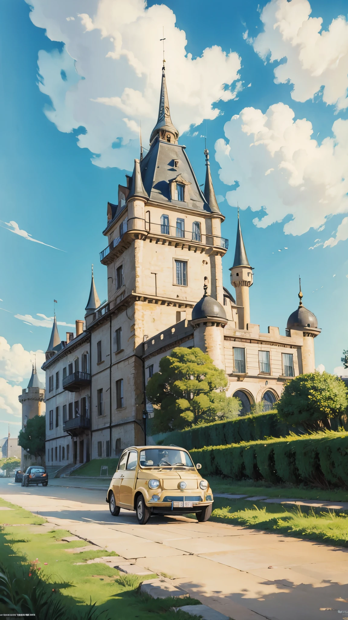 (masterpiece:1.2, Highest quality),(Very detailed),(((Anime Style))),8k,wallpaper,Fiat 500,Run,Castle of Cagliostro,blue sky,(((Ghibli style))),Dynamic Movement