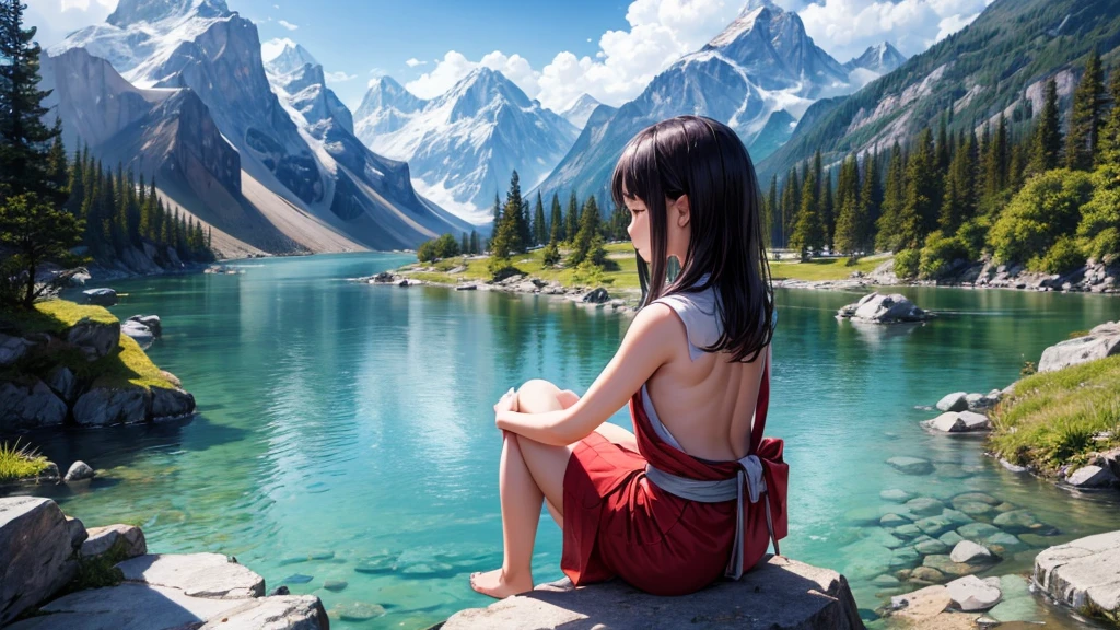 Draw a picture of a young Asian girl, 30 years old meditating in the left corner of the photo, around mountains and rivers. Photorealistic photos, High definition, Close, turn your back to the camera
