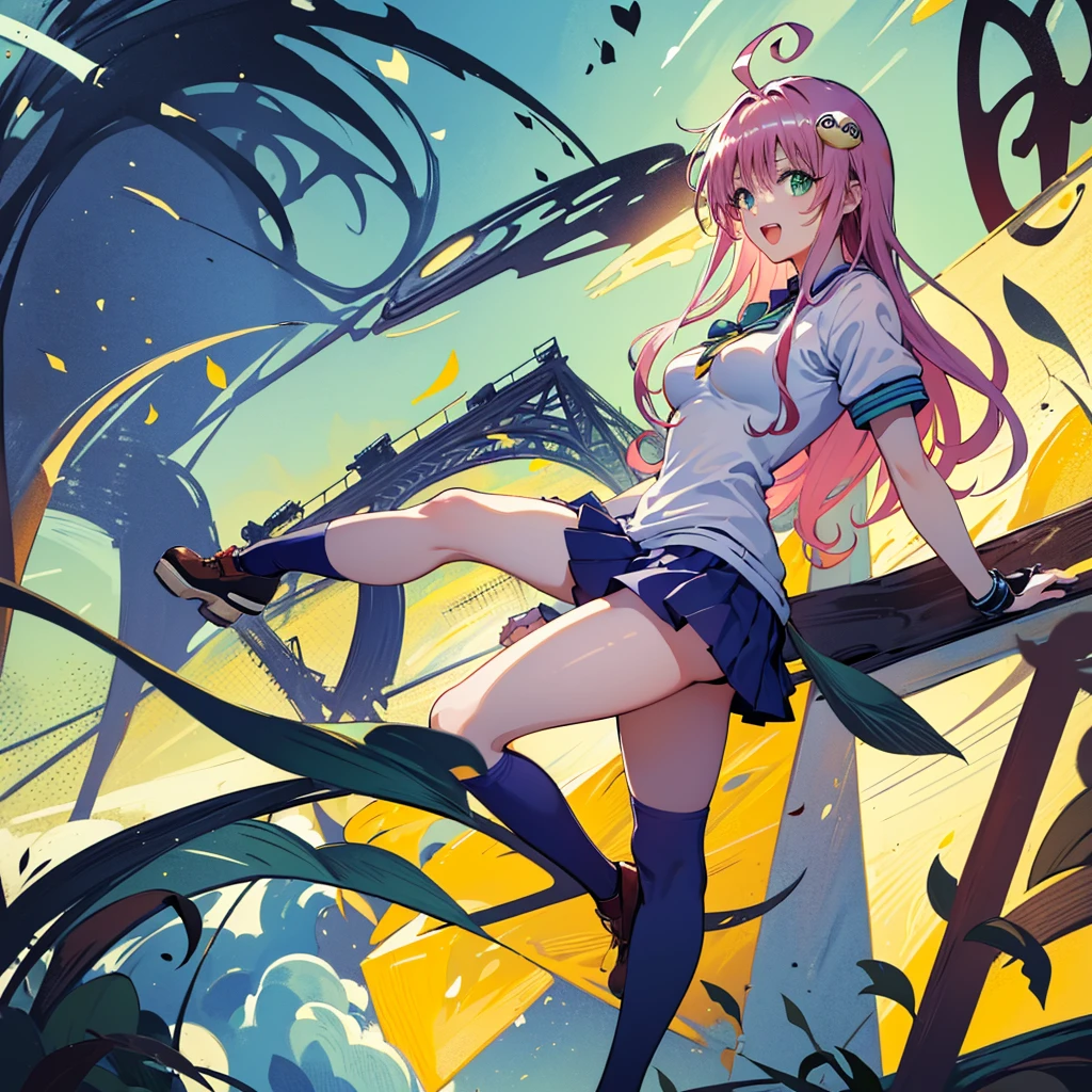 (masterpiece, best quality, detailed), 1girl, solo, looking at viewer, aalala, long hair, ahoge, hair ornament, green eyes, breasts,
soccer uniform, school yard, field, standing split, standing on one leg, smile, open mouth